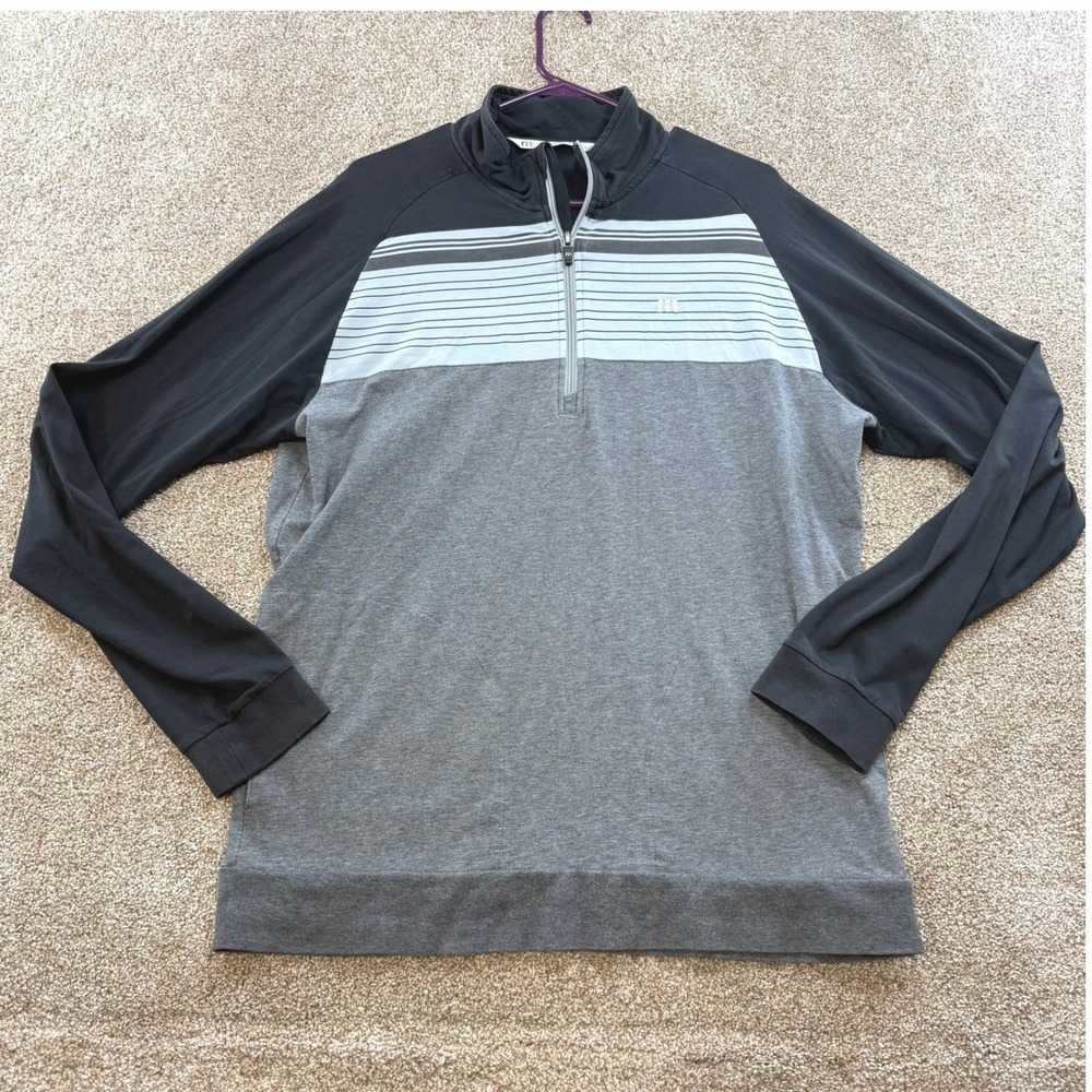 Travis Mathew Mens Large 1/4 Zip Pullover Gray Black Striped Golf Shirt Fall L